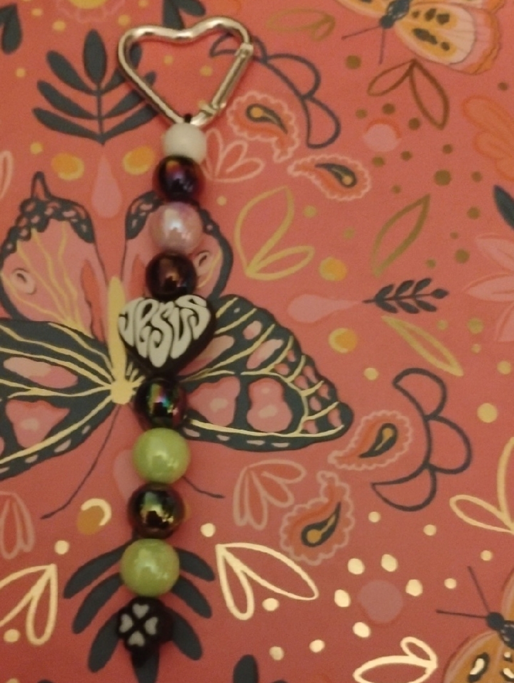 Beaded Heart Charm Keychain Necklace - Green & Purple
